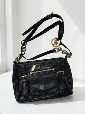 Michael Kors Black Pebbled Leather Chain Crossbody Bag Gold Hardware